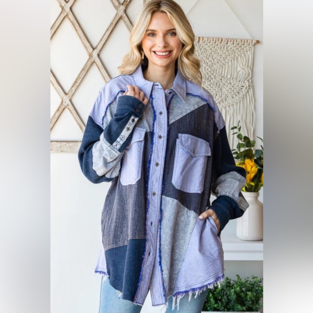 Patchwork Button-Front Jacket in Lavender and Navy